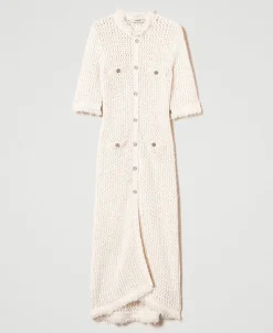 Cardigankleid Aus Jacquard-Strick In Netzoptik