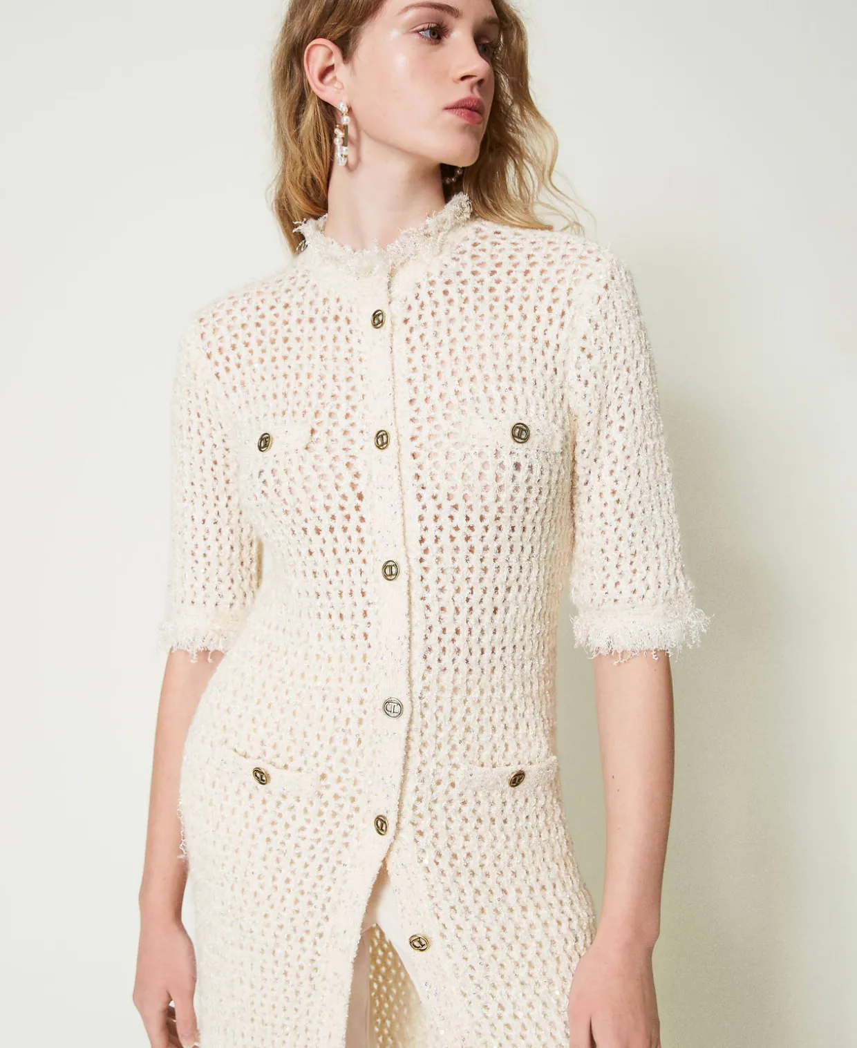 Cardigankleid Aus Jacquard-Strick In Netzoptik