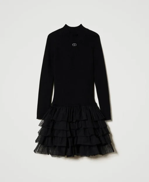 Geripptes Strickkleid Mit Tüll