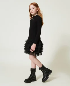 Geripptes Strickkleid Mit Tüll