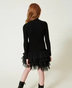 Geripptes Strickkleid Mit Tüll