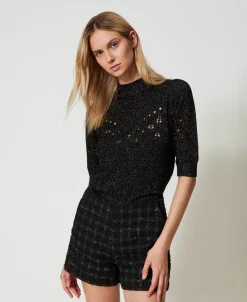 Stehkragenpullover Aus Wolle-Lurex-Mischung