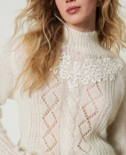 Stehkragenpullover Aus Wolle Und Mohair Mit Spitze