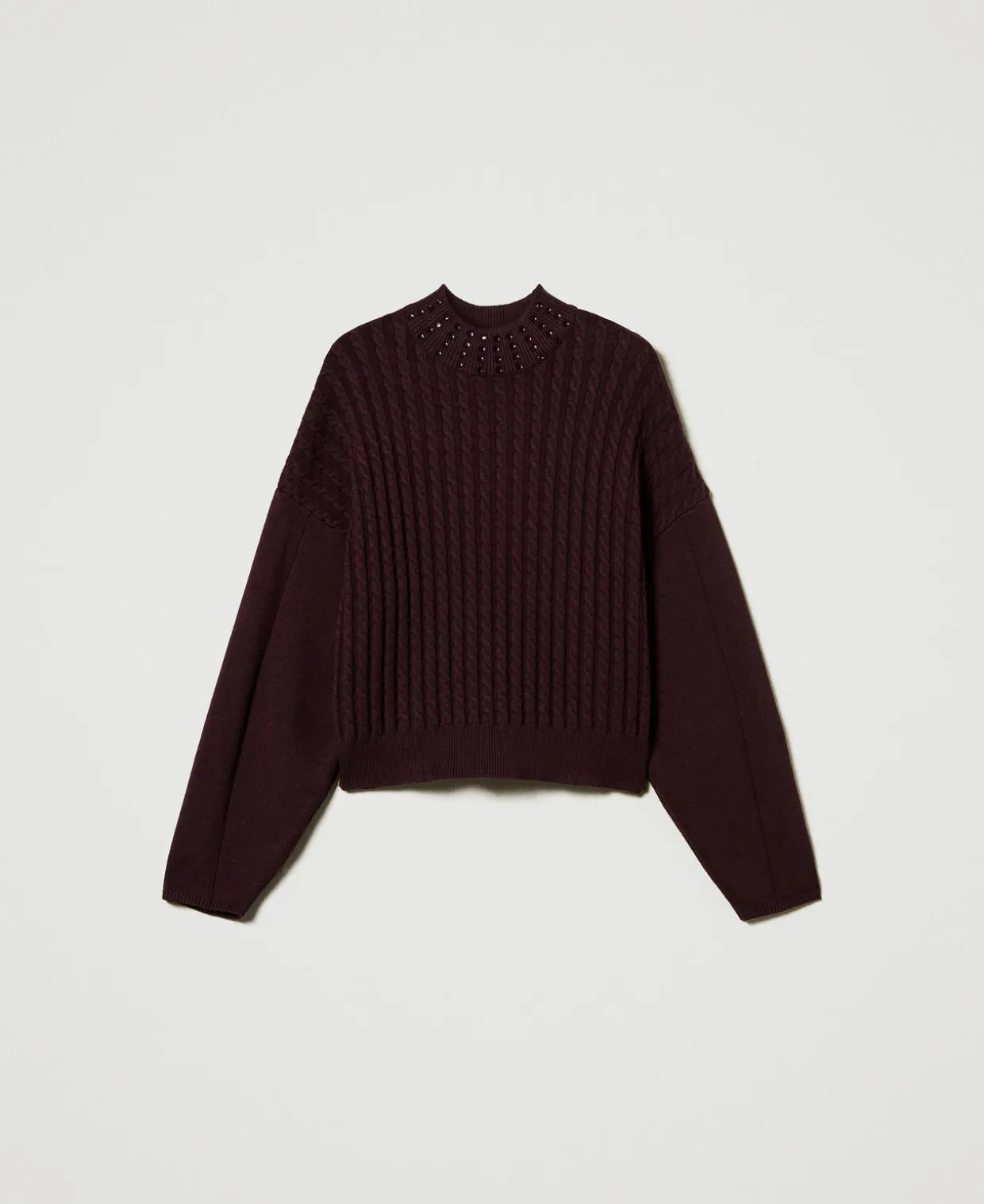 Stehkragenpullover Mit Zopfmuster Und Strass