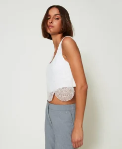 Top Aus Crêpe-Cady Und Besticktem Organza