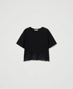 Cropped T-Shirt Mit Makrameespitze