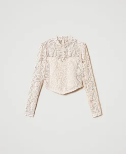 Cropped-Bluse Aus Makrameespitze