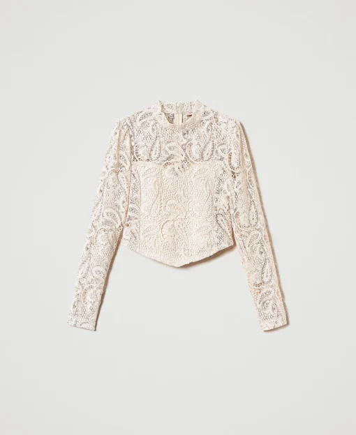 Cropped-Bluse Aus Makrameespitze