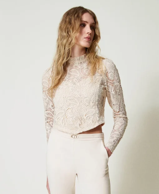 Cropped-Bluse Aus Makrameespitze