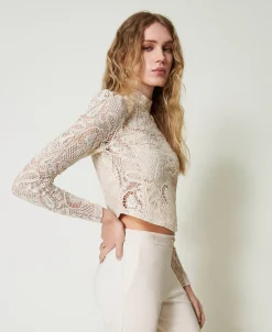 Cropped-Bluse Aus Makrameespitze