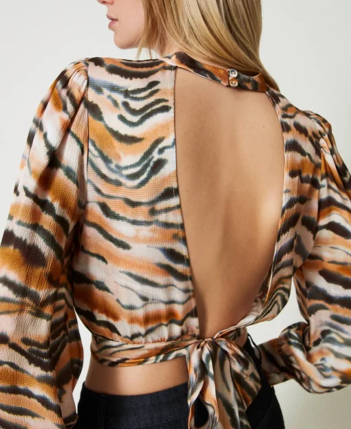 Cropped-Bluse Aus Satin Mit Animaldessin