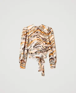 Cropped-Bluse Aus Satin Mit Animaldessin