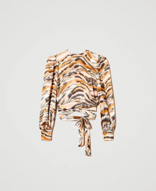 Cropped-Bluse Aus Satin Mit Animaldessin