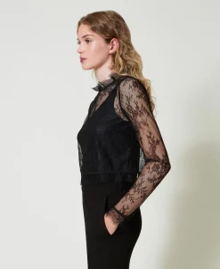 Cropped-Bluse Aus Spitze Mit Top