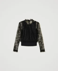Cropped-Bluse Aus Spitze Mit Top