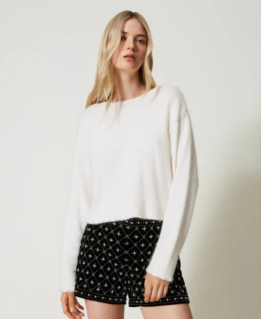 Cropped-Pullover Aus Angoramischung Mit Perlen