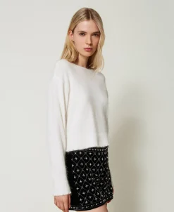 Cropped-Pullover Aus Angoramischung Mit Perlen