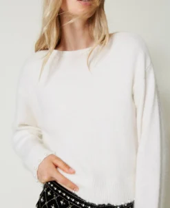 Cropped-Pullover Aus Angoramischung Mit Perlen