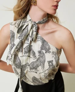 Einschultriges Jacquard-Top Mit Jaguarprint