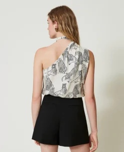 Einschultriges Jacquard-Top Mit Jaguarprint