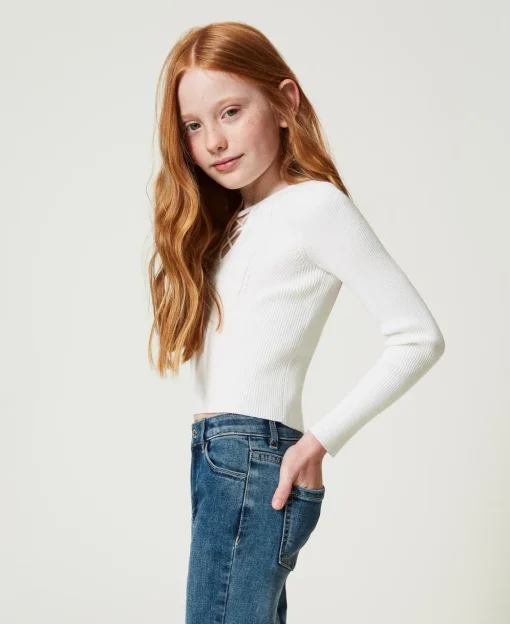 Gerippter Pullover Mit überkreuztem Motiv