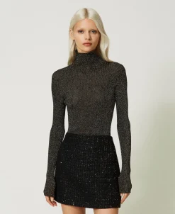 Gerippter Stehkragenpullover Aus Lurex