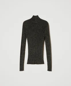 Gerippter Stehkragenpullover Aus Lurex