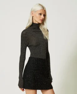 Gerippter Stehkragenpullover Aus Lurex