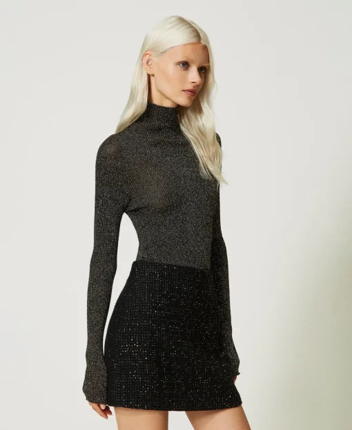 Gerippter Stehkragenpullover Aus Lurex