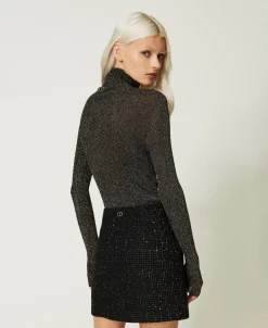 Gerippter Stehkragenpullover Aus Lurex