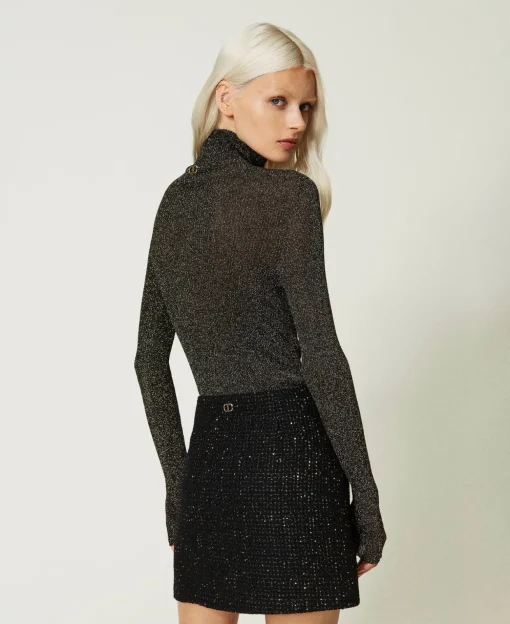 Gerippter Stehkragenpullover Aus Lurex