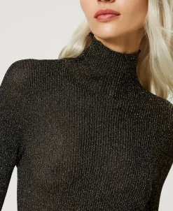 Gerippter Stehkragenpullover Aus Lurex