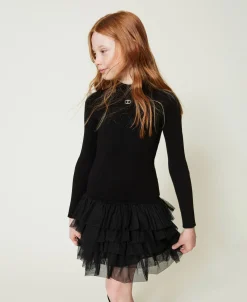 Geripptes Strickkleid Mit Tüll