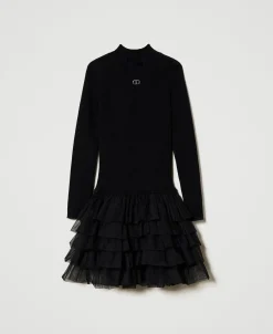 Geripptes Strickkleid Mit Tüll
