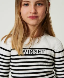 Gestreifter Rundhalspullover Mit Jacquardlogo