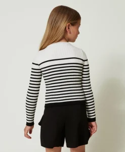 Gestreifter Rundhalspullover Mit Jacquardlogo