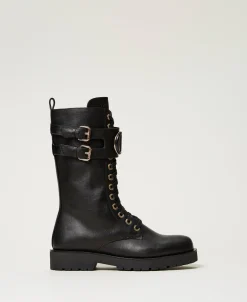 Hohe Schnürstiefelette Aus Leder Mit Oval T