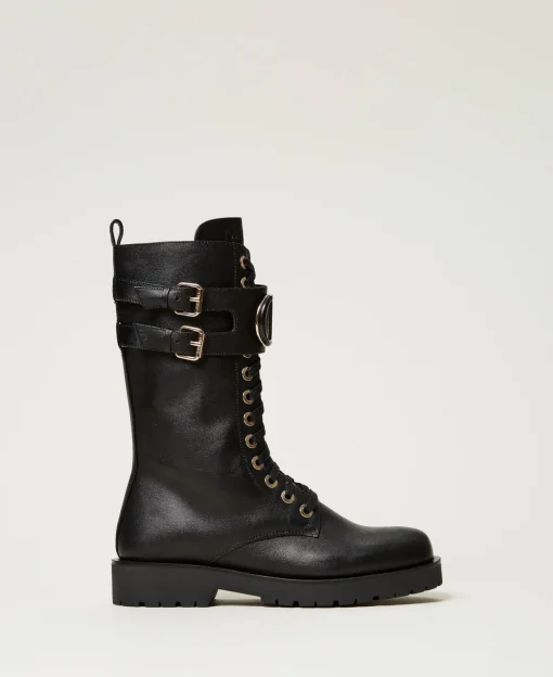 Hohe Schnürstiefelette Aus Leder Mit Oval T