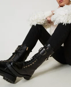 Hohe Schnürstiefelette Aus Leder Mit Oval T