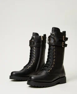 Hohe Schnürstiefelette Aus Leder Mit Oval T