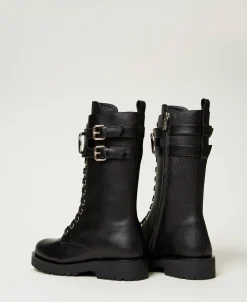 Hohe Schnürstiefelette Aus Leder Mit Oval T