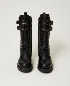 Hohe Schnürstiefelette Aus Leder Mit Oval T