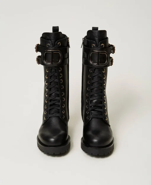 Hohe Schnürstiefelette Aus Leder Mit Oval T