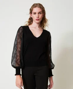 2-in-1-Pullover Mit Ärmeln Aus Spitze