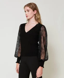 2-in-1-Pullover Mit Ärmeln Aus Spitze