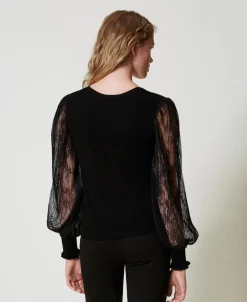 2-in-1-Pullover Mit Ärmeln Aus Spitze