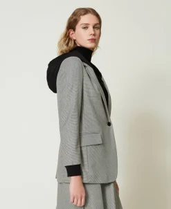 Kapuzenblazer Mit Hahnentrittmuster