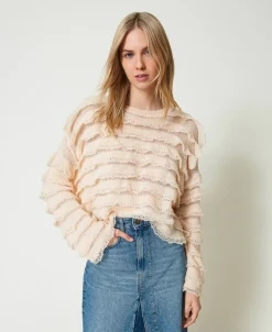 Kastenpullover Mit Volants In Spitzenoptik