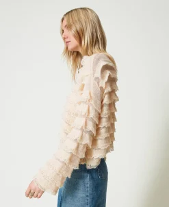Kastenpullover Mit Volants In Spitzenoptik