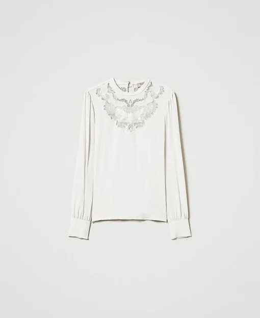 Kreppbluse Mit Floraler Stickerei